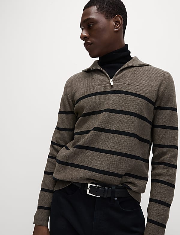 Cotton Blend Striped Half Zip Jumper