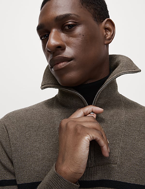 Cotton Blend Striped Half Zip Jumper