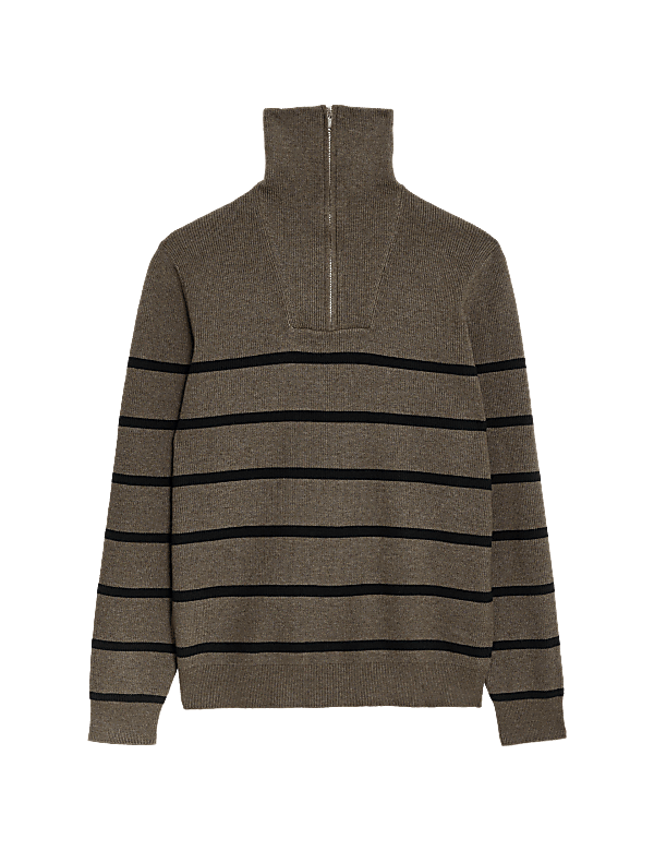 Cotton Blend Striped Half Zip Jumper