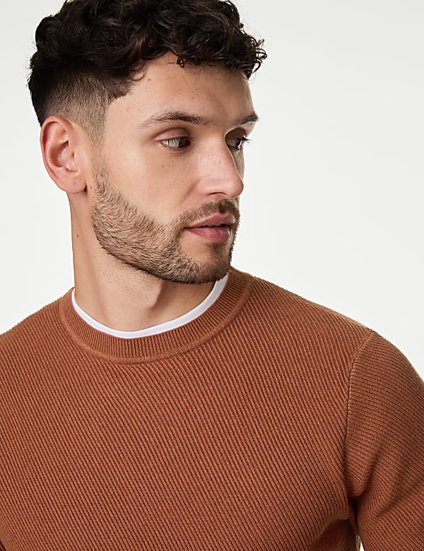 Cotton Blend Textured Crew Neck Jumper