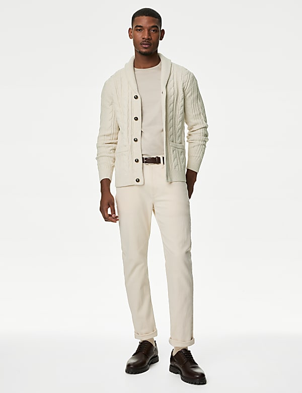 Cotton Blend Cable Shawl Collar Cardigan - DE