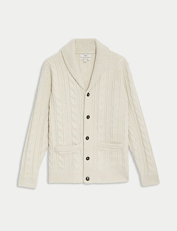Cotton Blend Cable Shawl Collar Cardigan - DE