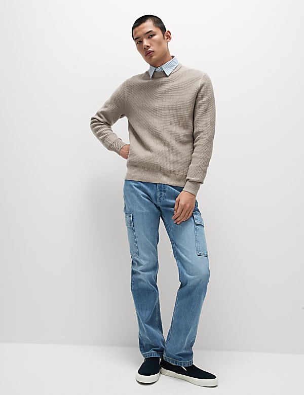 Cotton Blend Textured Crew Neck Jumper - JO