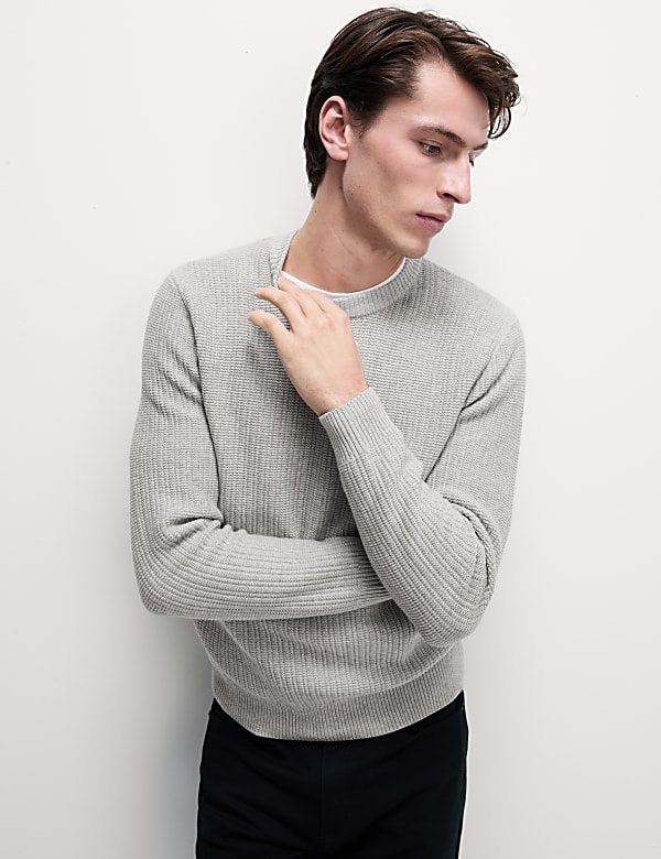 Marks Spencer Cotton Blend Textured Crew Neck Jumper Grey Marl L LNG