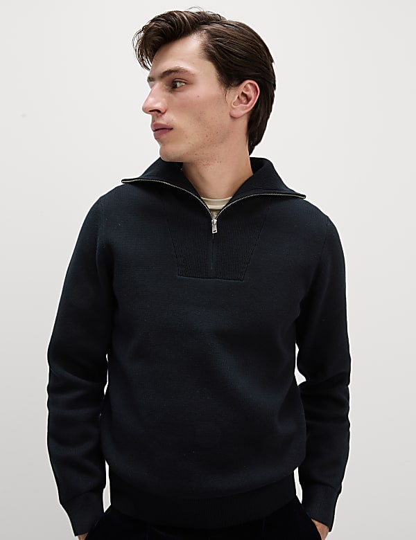 Cotton Blend Textured Half Zip Jumper BLACK Jumpers M S FR