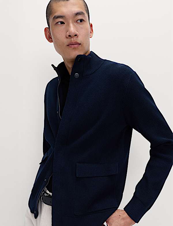 Cotton Blend Ribbed Funnel Neck Jacket - GR