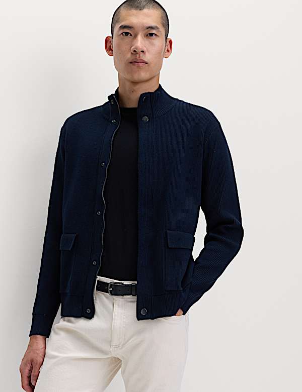 Cotton Blend Ribbed Funnel Neck Jacket