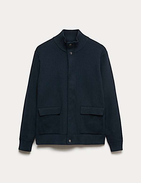 Cotton Blend Ribbed Funnel Neck Jacket - GR