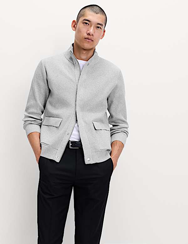 Cotton Blend Ribbed Funnel Neck Jacket