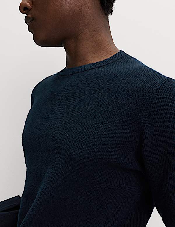 Cotton Blend Fine Ribbed Crew Neck Jumper - KG