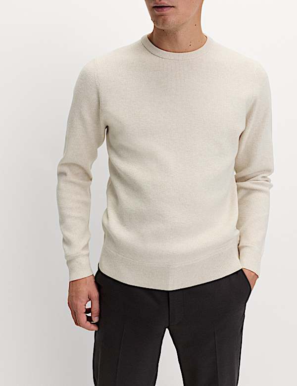 Cotton Blend Fine Ribbed Crew Neck Jumper - US