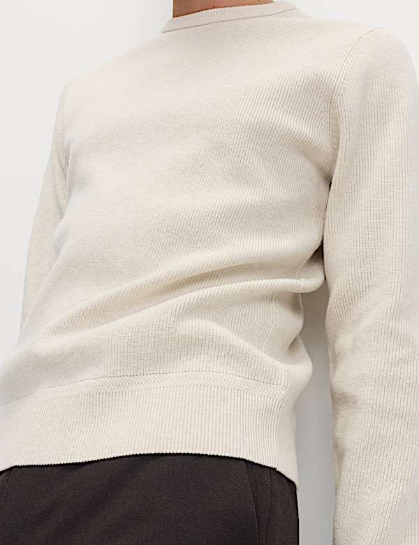 Cotton Blend Fine Ribbed Crew Neck Jumper - US