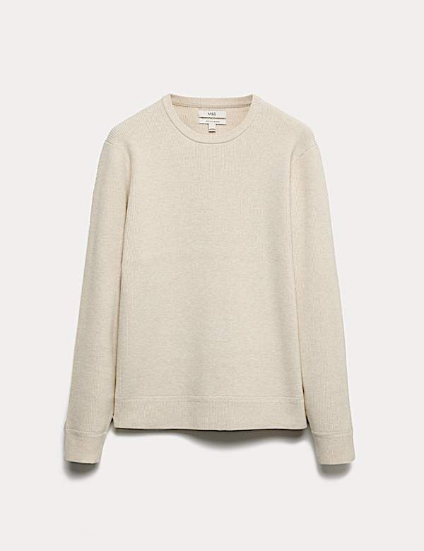 Cotton Blend Fine Ribbed Crew Neck Jumper - US