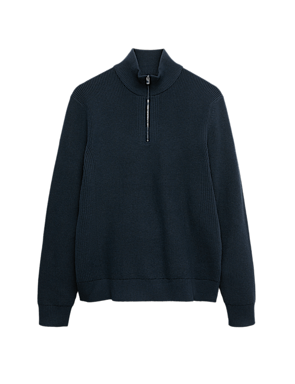 Cotton Blend Ribbed Half Zip Jumper