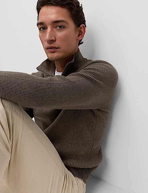 Cotton Blend Ribbed Half Zip Jumper - GR