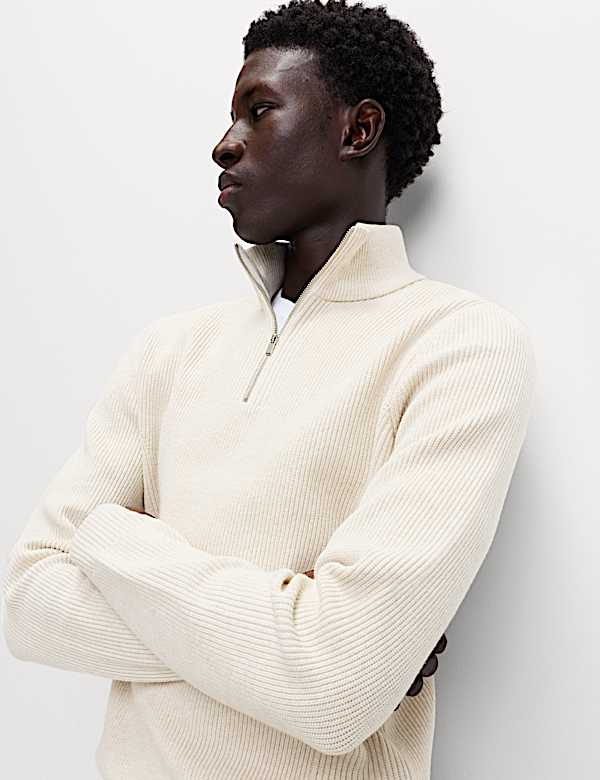 Cotton Blend Rib Half Zip Jumper