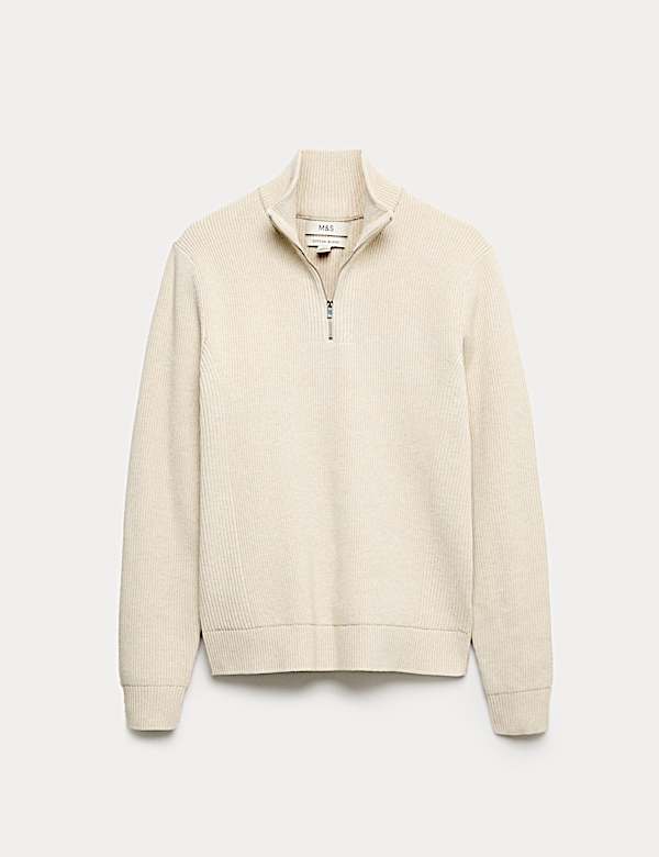 Cotton Blend Ribbed Half Zip Jumper