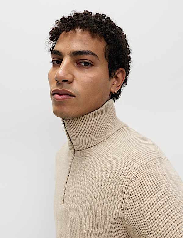 Cotton Blend Ribbed Half Zip Jumper - DE