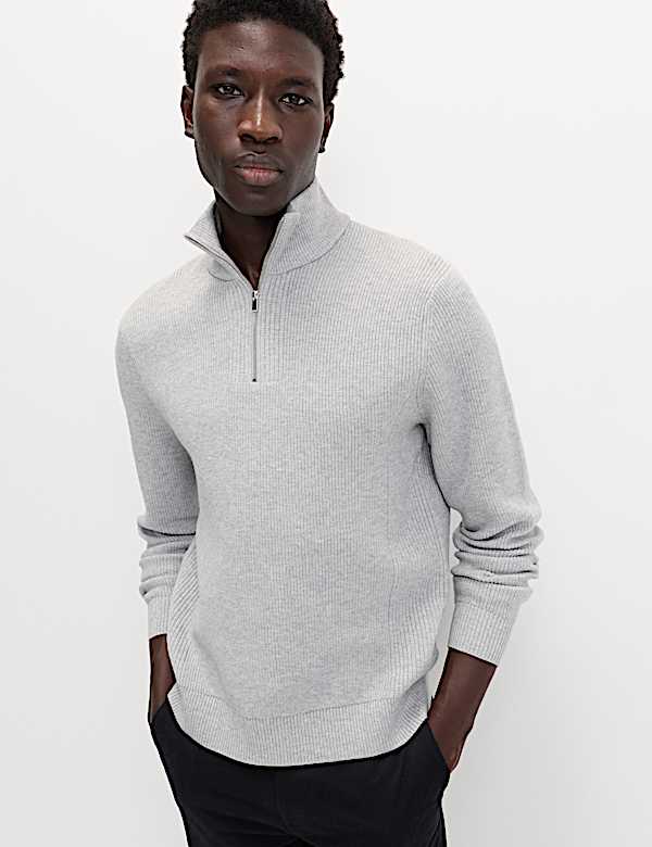 Cotton Blend Ribbed Half Zip Jumper
