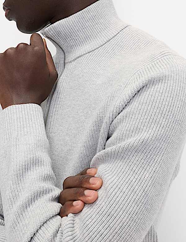 Cotton Blend Ribbed Half Zip Jumper