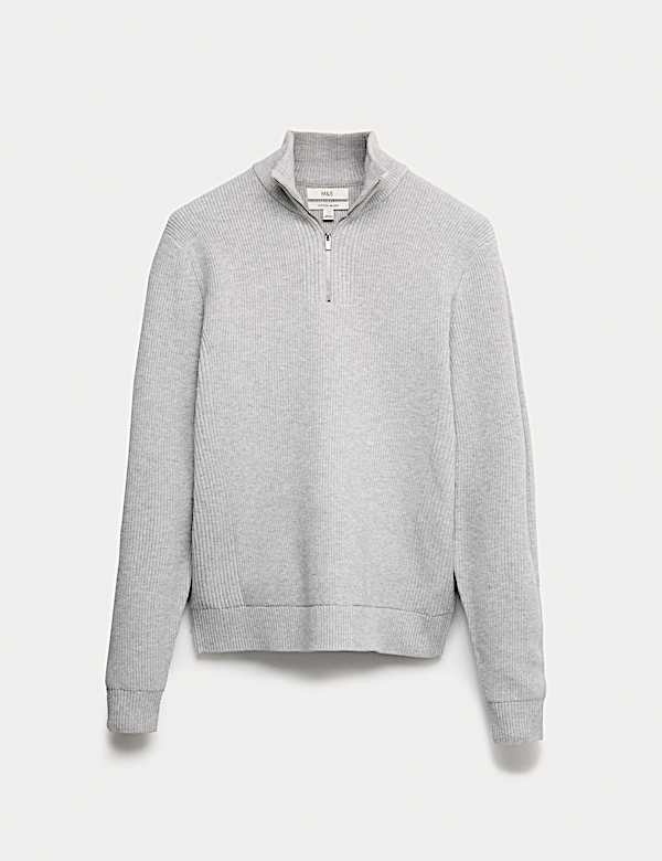 Cotton Blend Ribbed Half Zip Jumper - US
