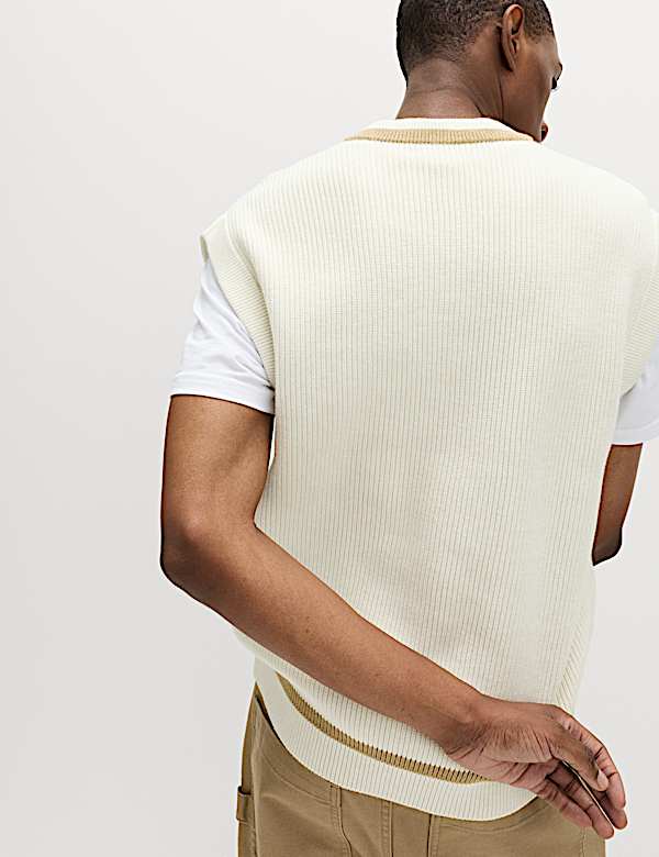 Cotton Blend Tipped V-Neck Knitted Vest - JP