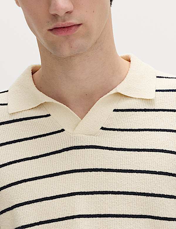 Pull en coton boucl&eacute; &agrave; col ouvert et rayures - LU