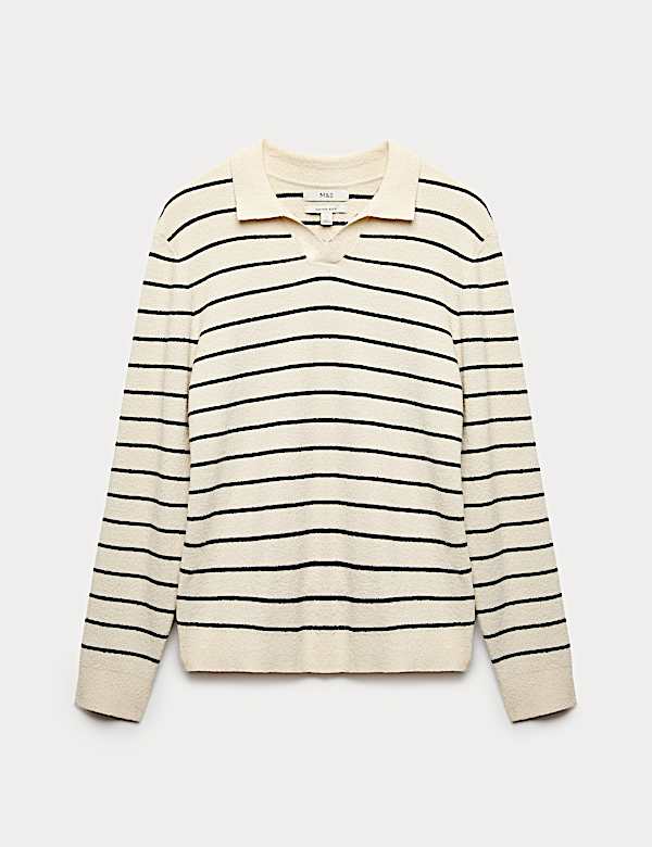 Pull en coton boucl&eacute; &agrave; col ouvert et rayures - LU