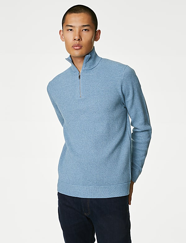 Cotton Blend Textured Half Zip Jumper