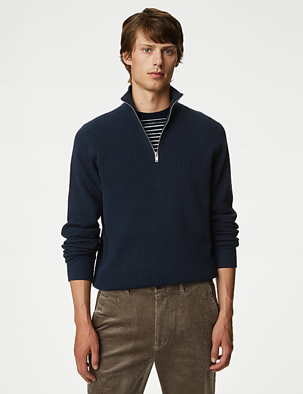 Cotton Blend Textured Half Zip Jumper