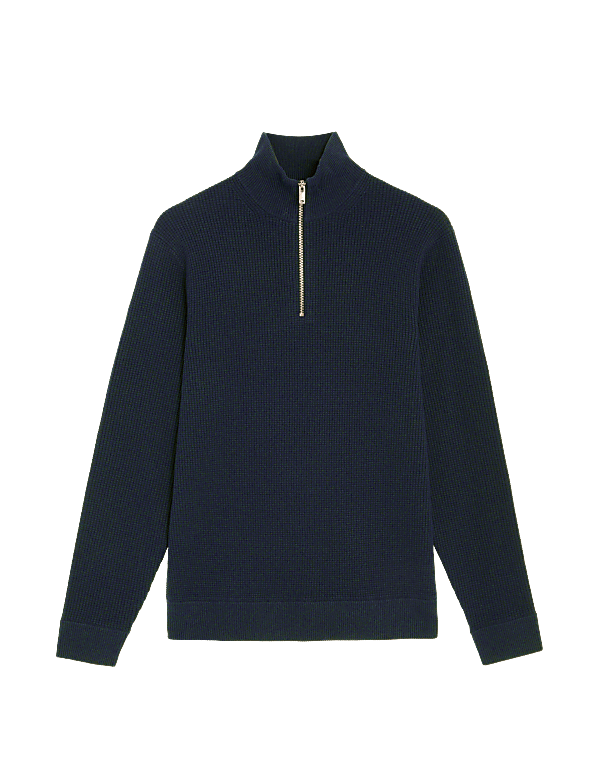 Cotton Blend Textured Half Zip Jumper