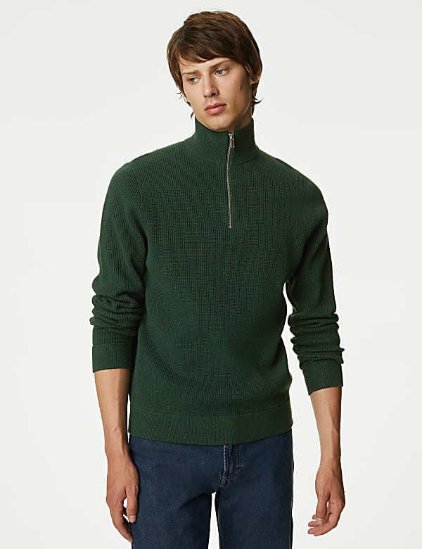 Cotton Blend Textured Half Zip Jumper
