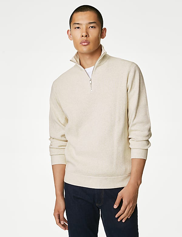 Cotton Blend Textured Half Zip Jumper