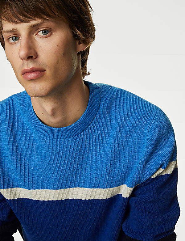 Cotton Blend Block Stripe Crew Neck Jumper