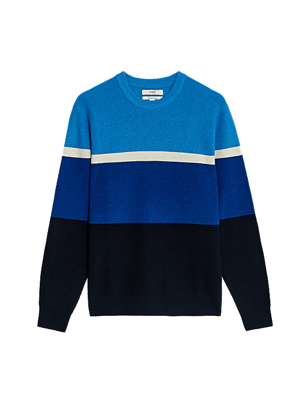 Cotton Blend Block Stripe Crew Neck Jumper