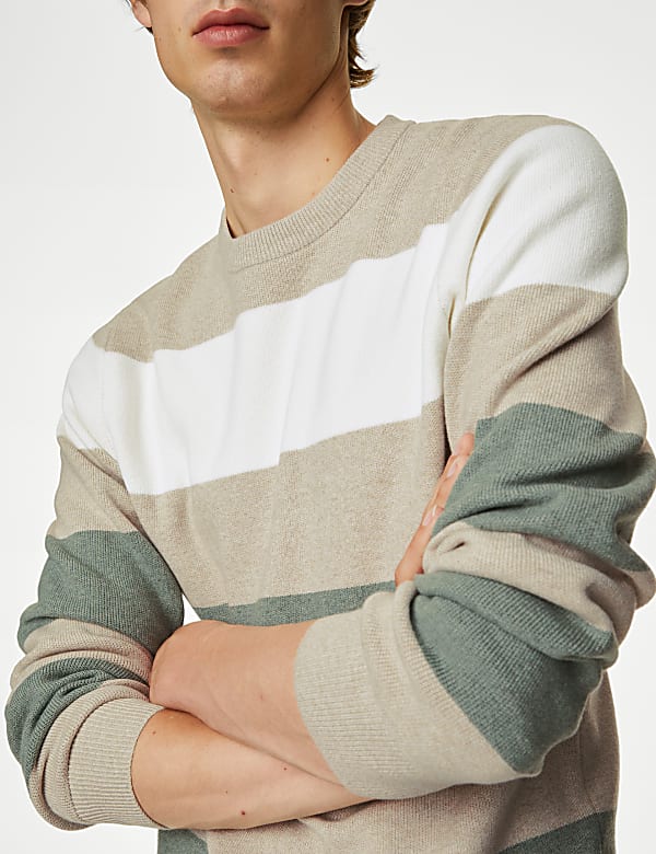 Cotton Blend Block Stripe Crew Neck Jumper
