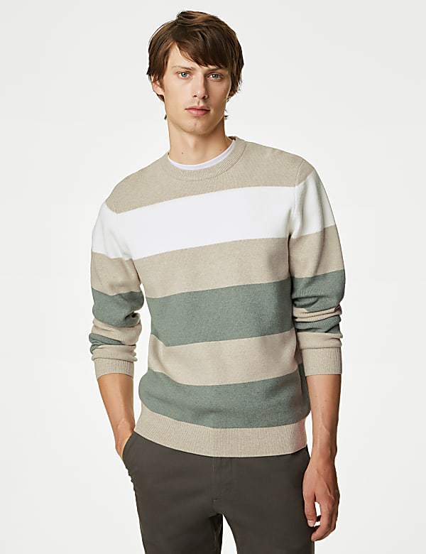 Cotton Blend Block Stripe Crew Neck Jumper