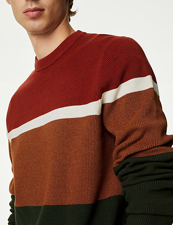 Cotton Blend Block Stripe Crew Neck Jumper