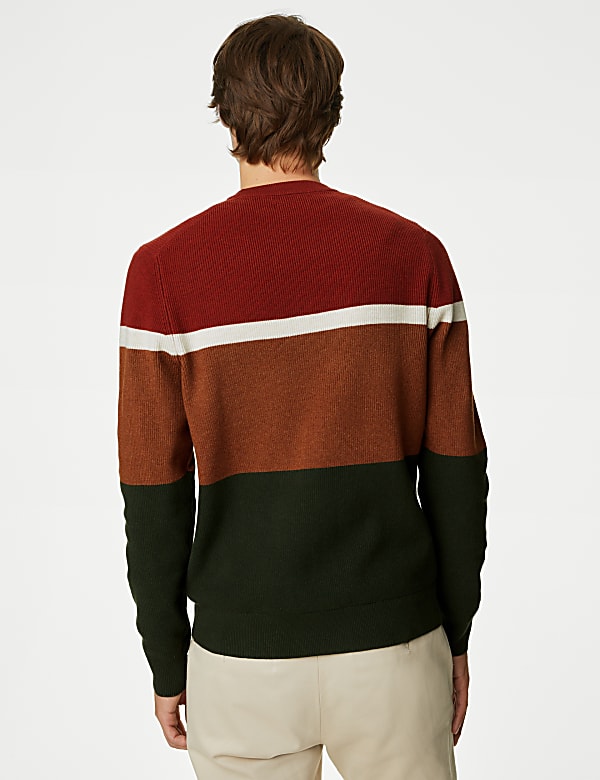 Cotton Blend Block Stripe Crew Neck Jumper