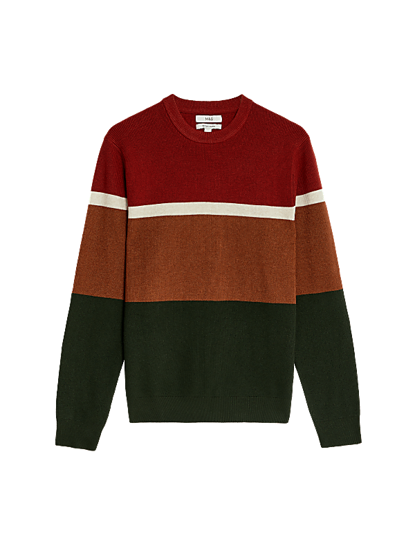 Cotton Blend Block Stripe Crew Neck Jumper