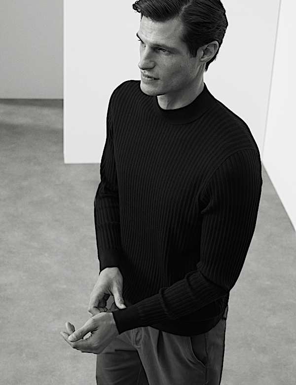 Gerippter Pullover aus Merinomischgewebe mit Stehkragen - AT