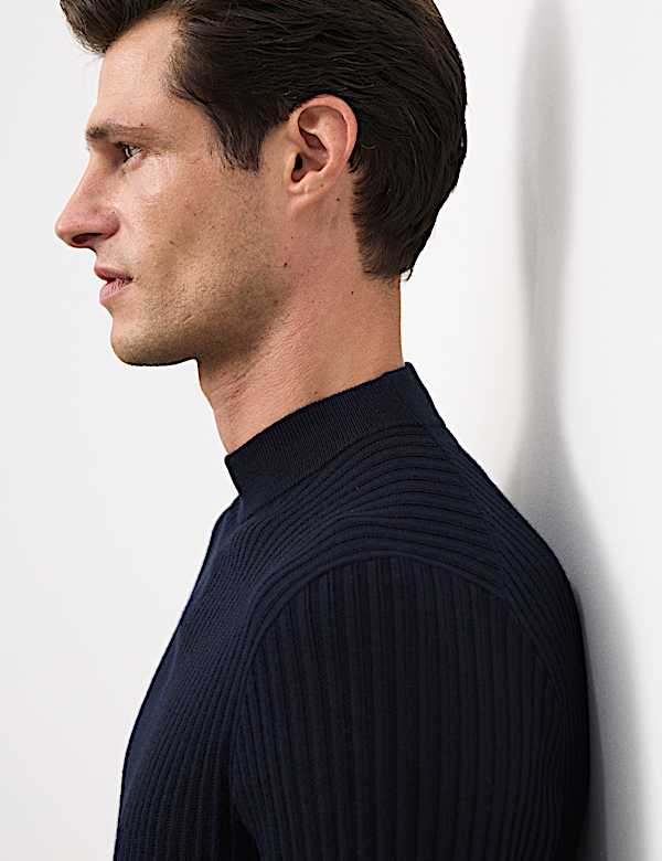 Gerippter Pullover aus Merinomischgewebe mit Stehkragen - AT