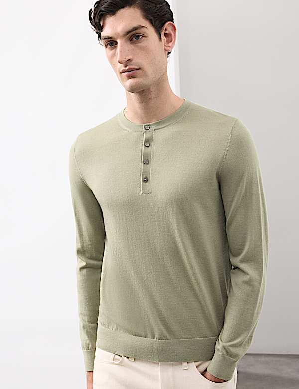 Pure Extra Fine Merino Wool Henley Jumper | LIGHT OLIVE | Jumpers