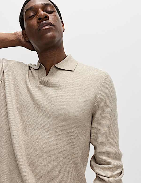 Air-Yarn Ribbed Open Neck Knitted Polo Shirt - NL