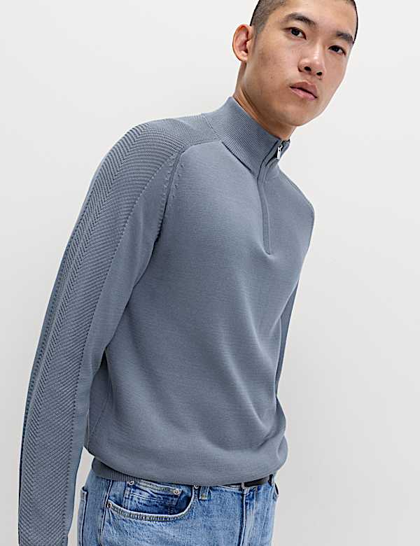 Cotton Modal Blend Half Zip Textured Jumper - SK