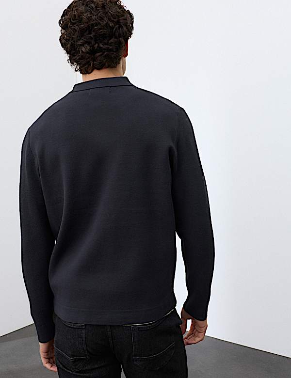 Half Zip Ribbed Long Sleeve Knitted Polo Shirt - AL