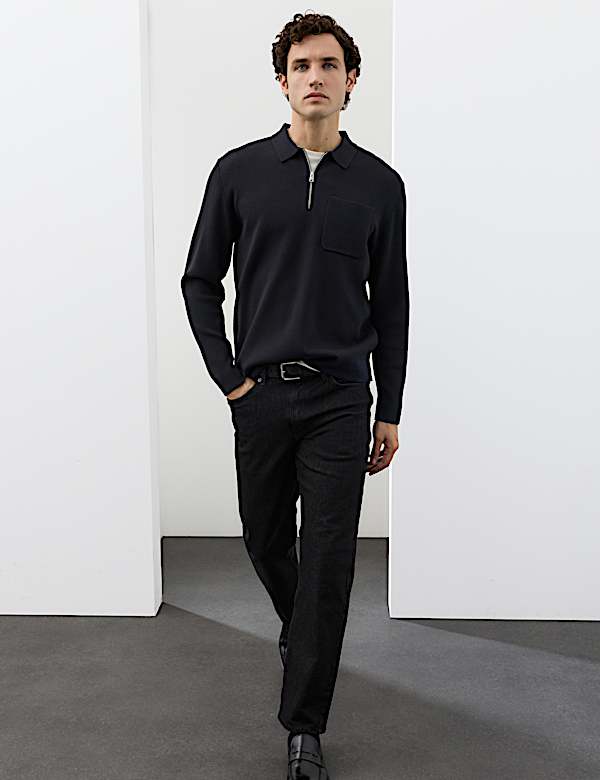 Half Zip Ribbed Long Sleeve Knitted Polo Shirt - AL