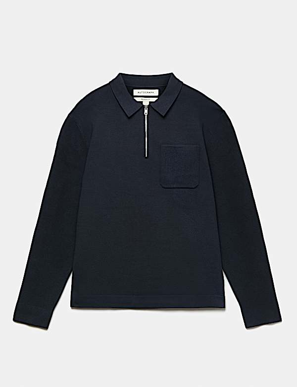 Half Zip Ribbed Long Sleeve Knitted Polo Shirt - AL