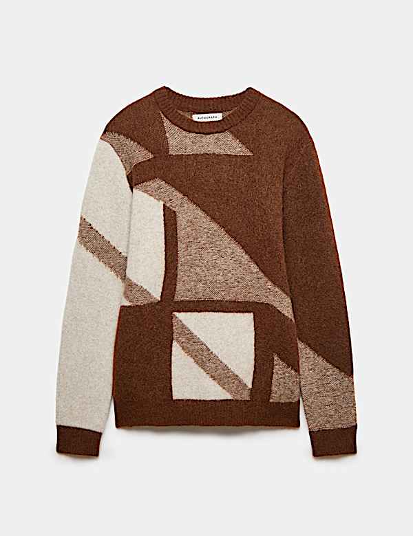 Merino Wool Blend Geometric Crew Neck Jumper - DE