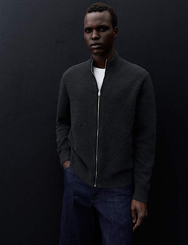 Merino Wool Blend Funnel Neck Zip Up Cardigan - AL